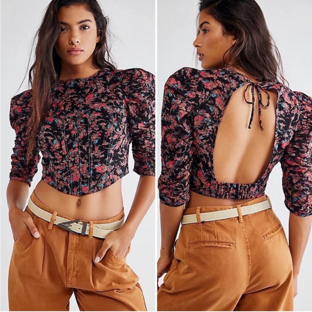 Free People Monica Crop Tie Open Back Pattern Top